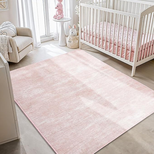 5x7 Washable Area Rug, Pink Solid Area Rugs for Living Room & Bedroom | Stain-resistant & Non-slip backing,Low Pile Washable Large Carpet, Solid Vintage Style For High Traffic Areas(5x7,Pink)