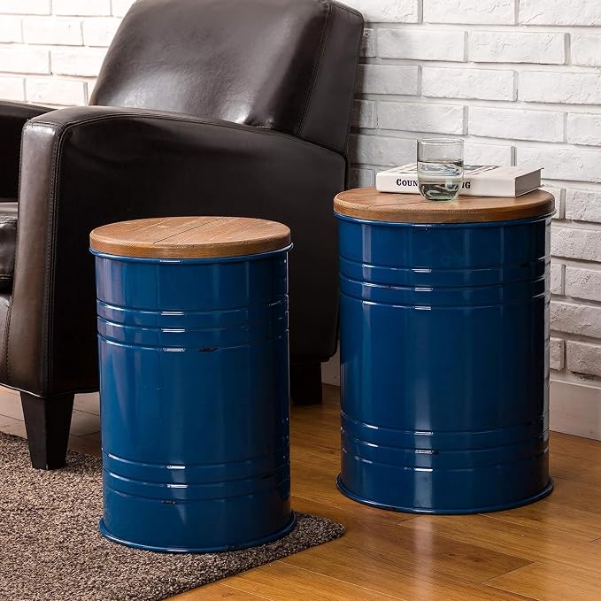 Glitzhome Rustic Storage Ottoman Seat Stool, Farmhouse Nesting End Table, Galvanized Barrel Metal Accent Side Table Toy Box Bin with Round Wood Lid for Living Room, Set of 2, Navy Blue