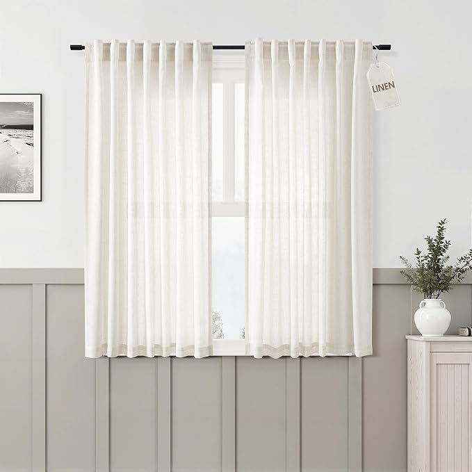 Aersas Kitchen Linen Curtains 54 Inch Length 2 Panel Set Back Tab Pocket Semi Sheer Light Filtering Cafe Short Curtain Farmhosue Natural Small Drapes for Basement Window Bathroom 52x54