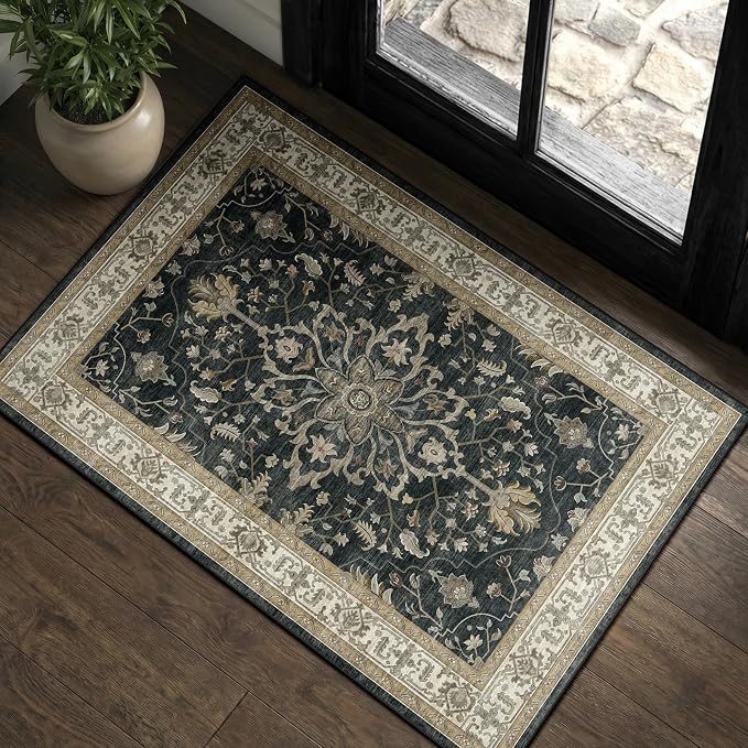 RELEANY Area Rugs Small 2'x3' Washable Non-Slip, Floral Vintage Distress Medallion Carpet for Kitchen Entryway Bathroom, Vintage Black Brown Neutral