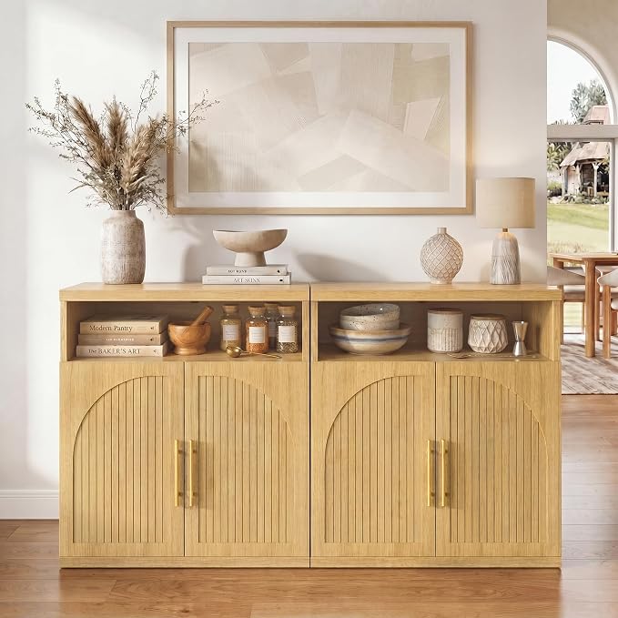 Fluted Buffet Cabinet with Storage, 31.5" Wide Wood Sideboard Credenza with Open Storage Shelf & Adjustable Shelves, Modern Kitchen Entryway Accent Table for Dining Room Living Room Hallway, Oak