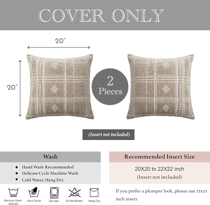 BlissBlush Decorative Throw Pillow Covers 20x20 Set of 2, Boho Textured Chenille Accent Throw Pillow Covers for Couch Sofa Bed Living Room Home Décor Taupe (Cover Only)