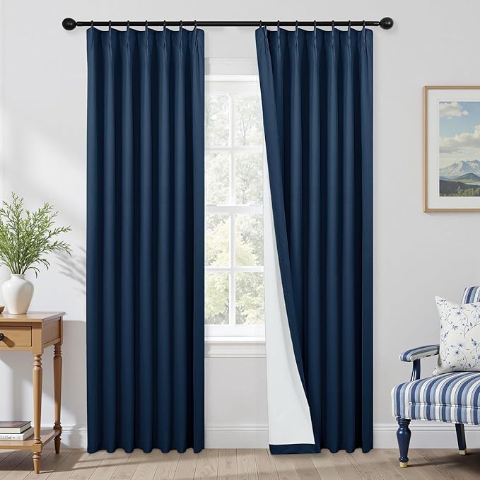 Mrs.Naturall Navy Blue Pinch Pleated Linen Blackout Curtains 84 Inch Length, Pleat Design for Summer Thermal Insulated & Noise Reducing for Mens, Boys Bedroom & Nursery, 2 Panel Set