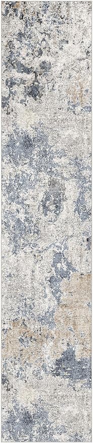 Hallway Washable Runner Rug: 3x12 Abstract Modern Soft Stain Resistant Non-Slip Backing Runner for for Entryway Kitchen Laundry - Blue Brown