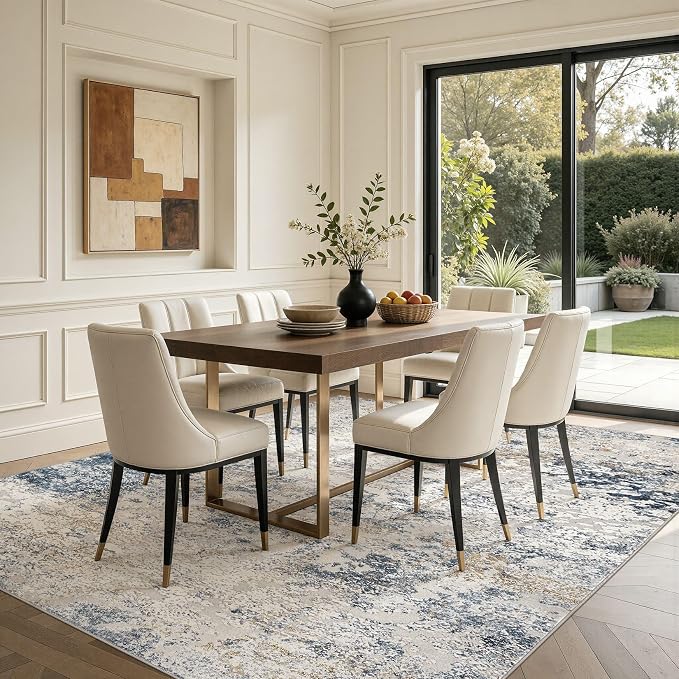 Area Rug Living Room Rugs - 9x12 Abstract Large Soft Indoor Washable Rug Neutral Modern Low Pile Carpet for Bedroom Dining Room Farmhouse Home Office - Beige Blue