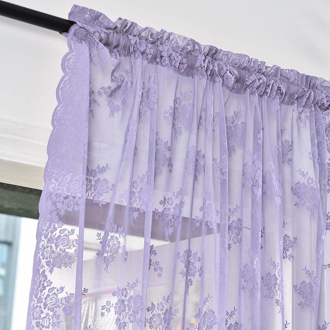 Kotile Light Purple Sheer Curtains 63 Inch Length, 2 Panels, W42 x L63 Inch Each, Country Rustic Floral Vintage Lace Curtains for Girls Room, Rod Pocket Privacy Light Filtering Lacy Window Curtain