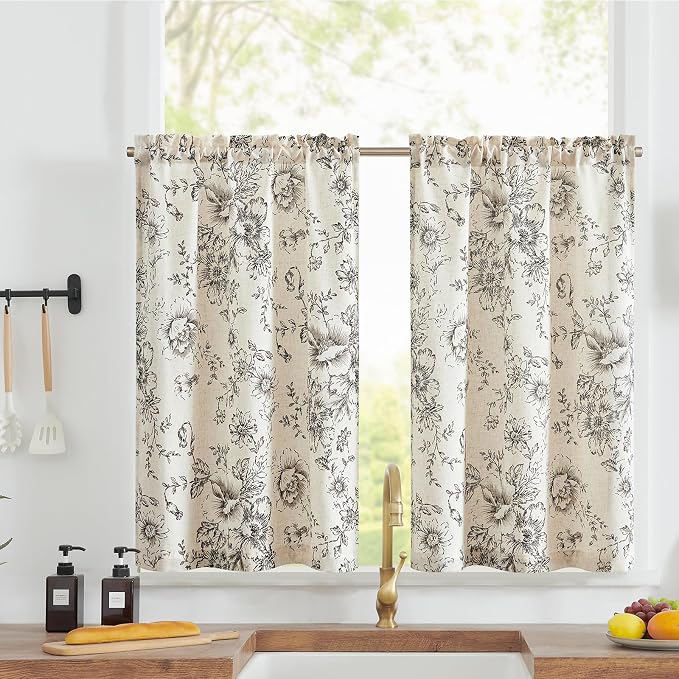 jinchan Floral Linen Tier Curtains 36 Inch Farmhouse Botanic Cafe Drapes for Small Windows Rustic Half Window Curtains for Kitchen Living Room Bathroom Laundry 2 Panels Black on Beige