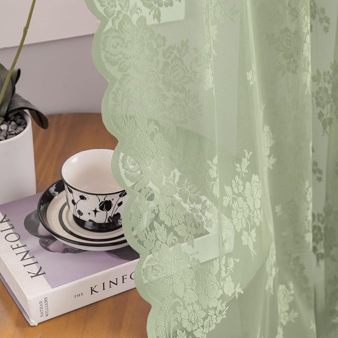 Kotile Sage Green Sheer Curtains 63 Inch Length 2 Panels, Knitted Rustic Floral Pattern Rod Pocket Lace Spring Sheer Curtains for Bedroom, Privacy Scalloped Lace Sage Curtain, 52 x 63 Inch
