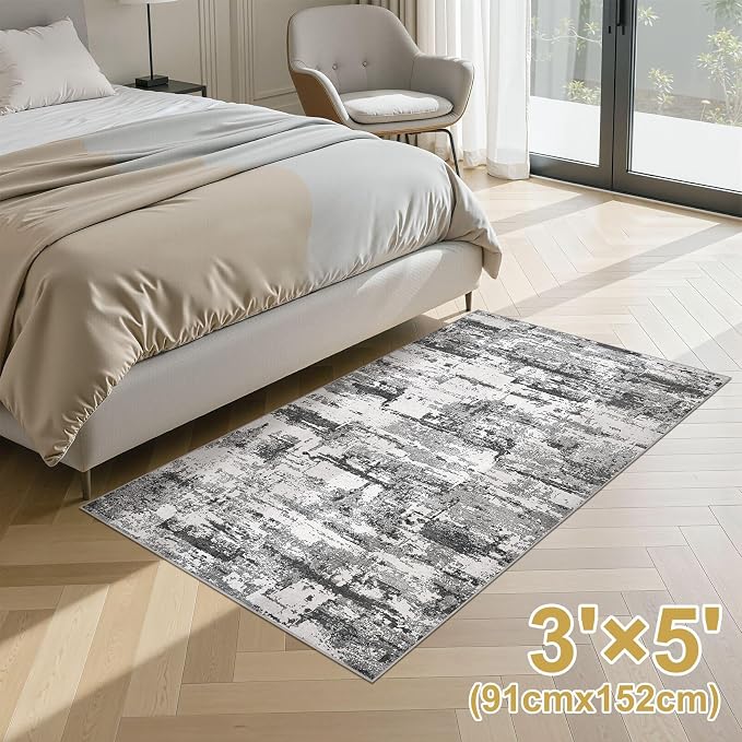 Hallway Washable Runner Rug: 3x5 Abstract Modern Soft Stain Resistant Non-Slip Backing Runner for for Entryway Kitchen Laundry Living Bathroom - Black Grey