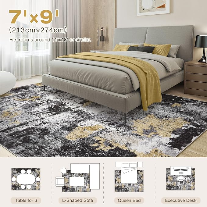 Abstract 7x9 Area Rug: Machine Washable Non Slip Ultra Thin Low-Pile Carpet, Soft Stain Resistant for Living Room Bedroom Nursery, Kid Pet Friendly, Robot Vacuum Compatible - Black Gold