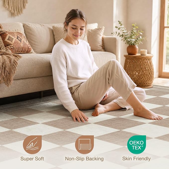 cotiled Washable Area Rugs 10x14 Living Room | Non Slip Backing, Stain Resistant, Pet Friendly, Large Neutral Soft Indoor Carpet For Bedroom, Nursery, Office, Khaki/Brown