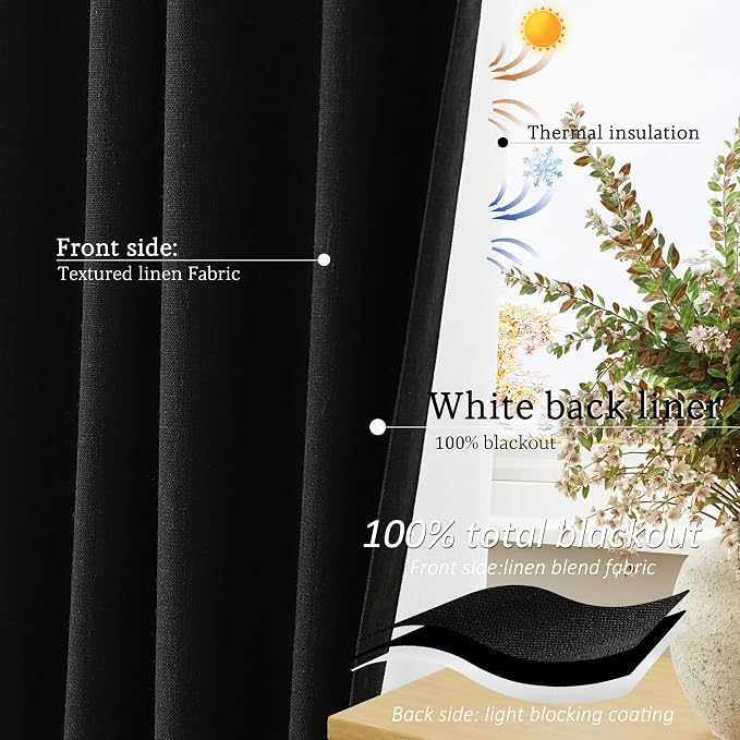 Jowels Black Linen Blackout Curtains 72 Length 2 Panels Set for Living Room Bedroom, 100% Black Out Thermal Insulated Linen Drapes, Room Darkening Grommet Curtains 72 Inches Long
