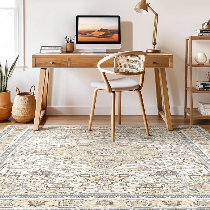 8x10 Area Rugs Living Room: Washable Boho Large Neutral Vintage Soft Rug Stain Resistant Farmhouse Non-Slip Indoor Floor Carpet for Bedroom Nursery Kids Playroom Office Dining Room- Sand Blue