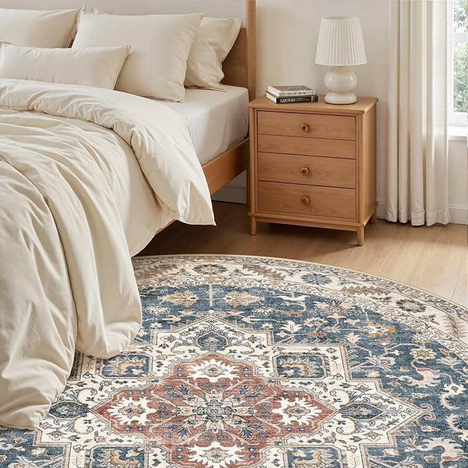 5ft Round Vintage Living Room Area Rug - 5x5 Large Soft Washable Oriental Traditional Distressed Farmhouse Rugs for Bedroom - Indoor Floor Accent Carpet for Home Office House Decor - Vintage Blue