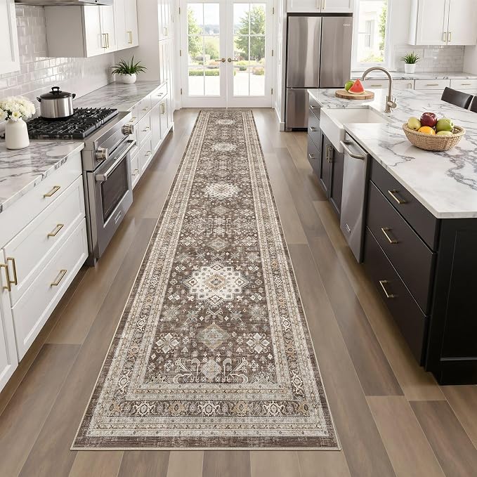 Vintage Hallway Runner Rug 2x6: Large Soft Washable Entryway for Kitchen Laundry Room Non-Slip Backing Runner for Entrance Living Room Bedroom Bathroom - Dark Brown