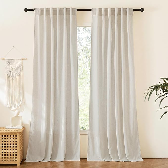 RYB HOME Bedroom Curtains Linen Sheer, Neutral Rustic Decor Light Filtering Lightweight Guaze Burlap Shade Blinds for Living Room, Natural Beige, W 52 x L 95 inches, 2 Panles