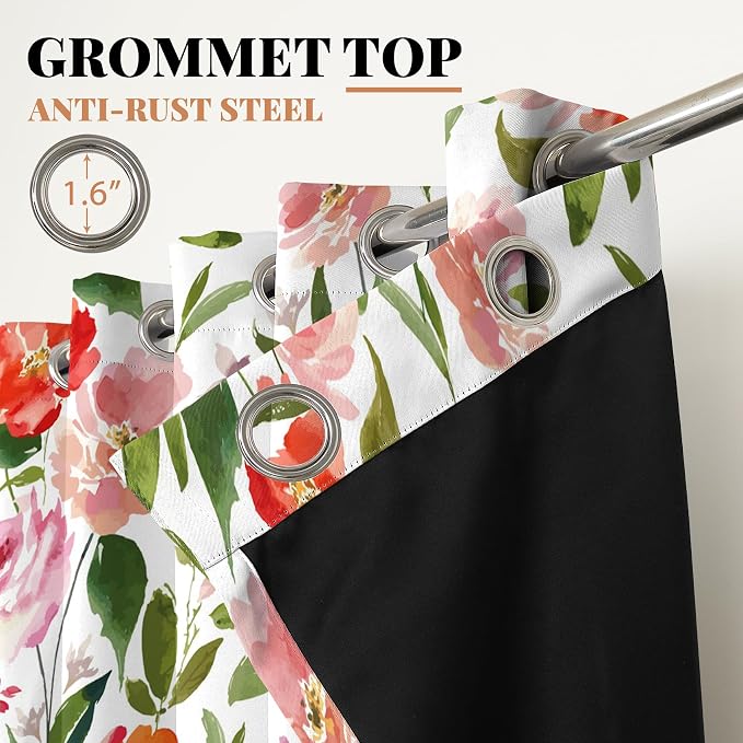 Renaiss Watercolor Flowers Window Curtains, French Style Floral Printed Blackout Curtain & Drapes Thermal Insulated Grommet Top Window Curtains for Living Room Bedroom 42W x 84L Inch 2 Panel Set