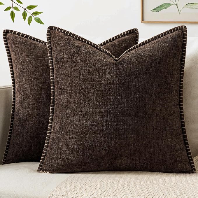MIULEE Pack of 2 Couch Throw Pillow Covers 18x18 Inch Dark Brown Farmhouse Decorative Pillow Covers with Stitched Edge Taupe Soft Chenille Solid Dyed Pillow Covers for Sofa Bed Living Room