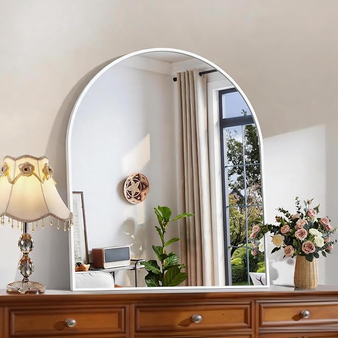 CIRCUMI Arched Wall Mirror, 30"x36" White Arched Mirror with Tempered Glass, Metal Frame, Large Size for Bathroom, Living Room,Entryway,Over Sink, Arch Mirror for Decor,Shatterproof&Crystal-Clear