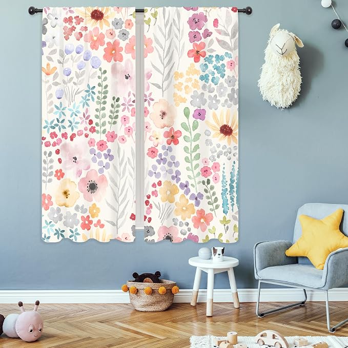 Riyidecor Colorful Floral Curtains Boho Pink Wildflower Flower Cute Trendy Plant Leaves Botanical Rod Pocket Pretty Aesthetic for Girls Bedroom Living Room Treatment Fabric 2 Panels 29Wx63H Inch