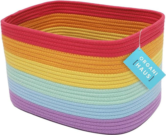 OrganiHaus Rainbow Basket - Colorful Woven Storage Basket for Playroom, Nursery & Classroom Decor & Toy Storage, 15x9x10