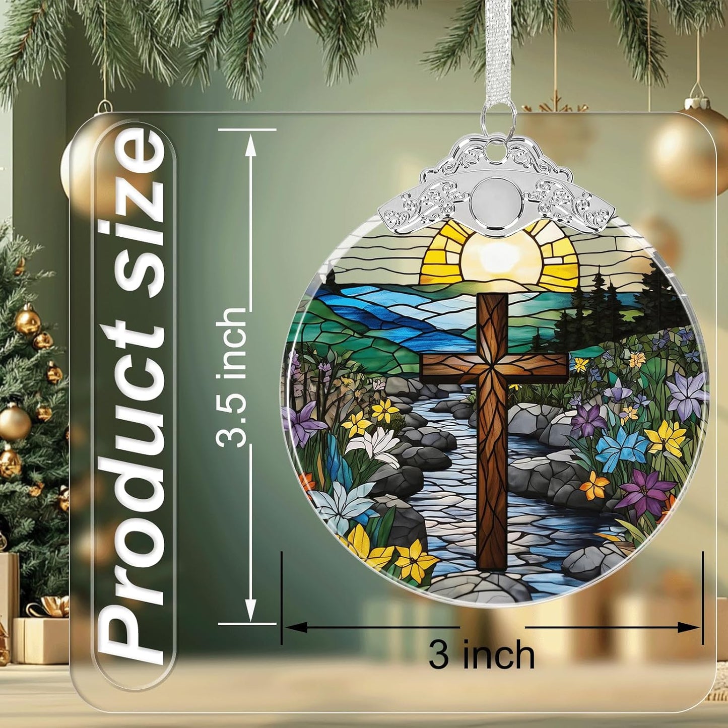 Cross Stained Glass Religious Christmas Ornament, Hanging Ornaments for Christmas Tree Decorations, Christian Gifts Holiday Keepsake Present Exchange Idea