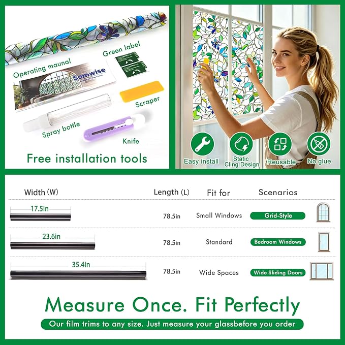 SOMWISE Frosted Glass Window Privacy Film with Tools, Heat Blocking, Anti-UV, Anti-Glare, Static Cling, Decor for Home Bathroom Door, Renter Friendly, Removable, Reusable, Green 17.5Inchx78.5Inch