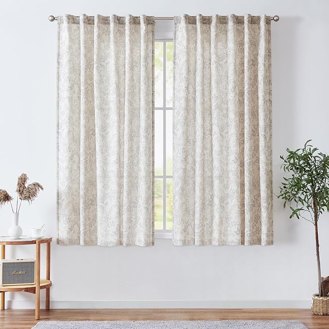 jinchan Floral Linen Blend Curtains for Living Room Verbena Grey French Country Farmhouse Curtains 63 Inches Long Light Filtering Window Back Tab Semi Sheer 2 Panels