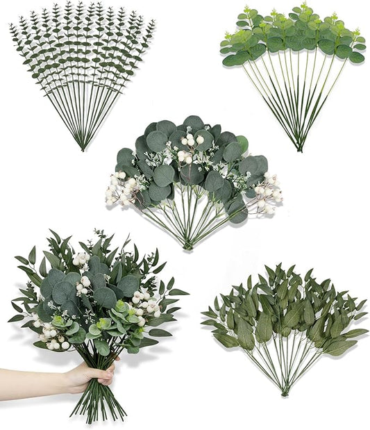 60 Pcs Mixed Artificial Eucalyptus Leaves Stems Bulk, 5Kinds Fake Greenery Silver Dollar Leaves Dried Eucalyptus Bundle with White Seeds Berry for DIY Bouquets Floral Arrangement Wedding Vase