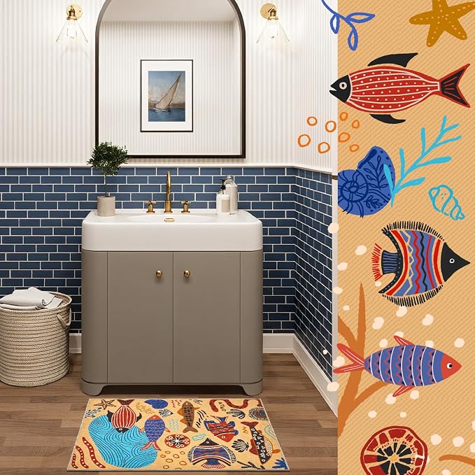 jinchan 2x3 Coastal Area Rug Kids Washable Fun Rug Colorful Ocean Fish Small Mat Non Slip Doormat Lightweight Soft Cozy Throw Carpet for Entryway Nursery Playroom Bedside Dorm Bathroom, Tan