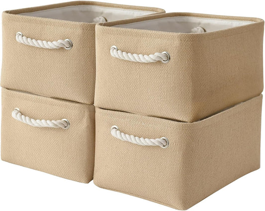 Organization and Storage Basket for Gifts Empty - 16x12x8 inch Large 4 Pack Fabric Storage Cube Collapsible Baskets for Shelves with Handles, Storage Box for Cloth Books Laundry Canvas(Beige)