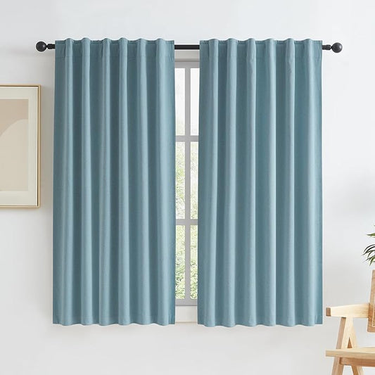 KEQIAOSUOCAI Full Blackout Linen Curtains 45 Inch Drop 2 Panels, Heat and Full Light Blocking Thermal Insulated Drapes for Bedroom Back Tab Rod Pocket Hook Belt(Dusty Blue,50 Inch Wide Each Panel)