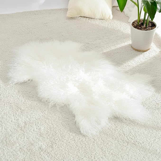 100% Genuine Sheepskin Area Rug Real Lightweight Fluffy Soft Mongolian Long Wool Fur Carpet for Couch Bed Sofa Bedroom Living Room White 2x3ft