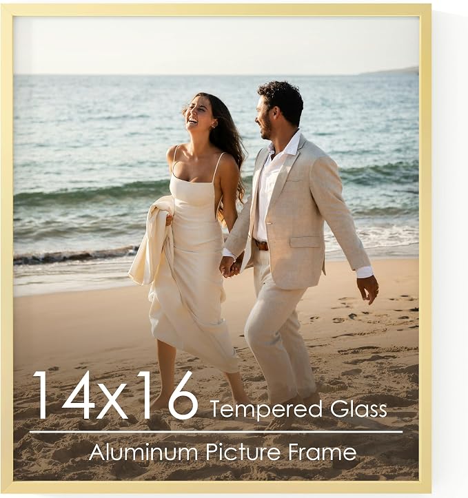 FLYJOE 14x16 Metal Picture Frame - Gold Aluminum Photo Frames-Real Real Glass,Wall Gallery Poster Puzzles Artwork 16x14 frame Mounting Horizontally or Vertically Decor for Wall, Gold