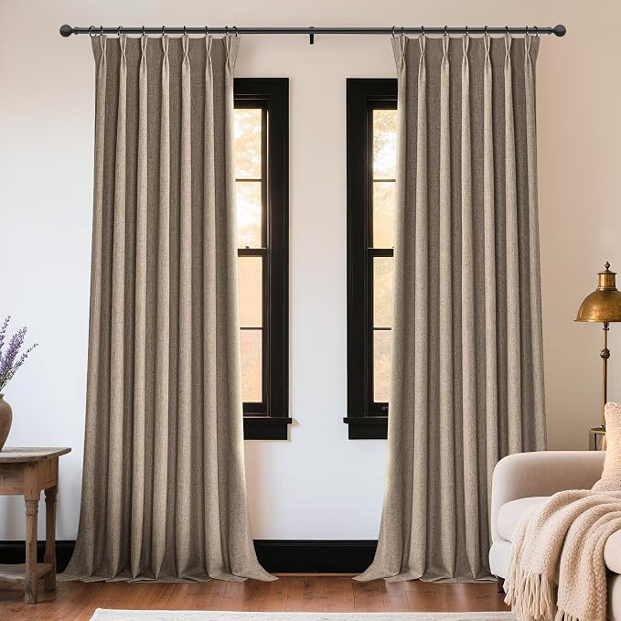 Joydeco Thick Linen Pinch Pleated Curtains 96 Inch Long 2 Panel Set for Living Room, Double-Faced Curtain for Bedroom, Back Tab Blackout Drapes with Adjustable Hooks (40”W x96”L,Thick Linen)