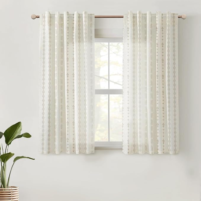 Lino Rosa 48 Inch Curtains Length Boho Sheer Linen Floral Pattern Vine Curtains for Kitchen Bedroom 2 Panels Set