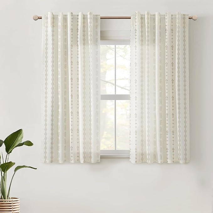 Lino Rosa Short Curtains for Bedroom Bathroom Window,Sheer Taupe Boho Printed Patterned Linen Not Pinch Pleated Cafe Farmhouse Kitchen Curtains 45 Inch Length