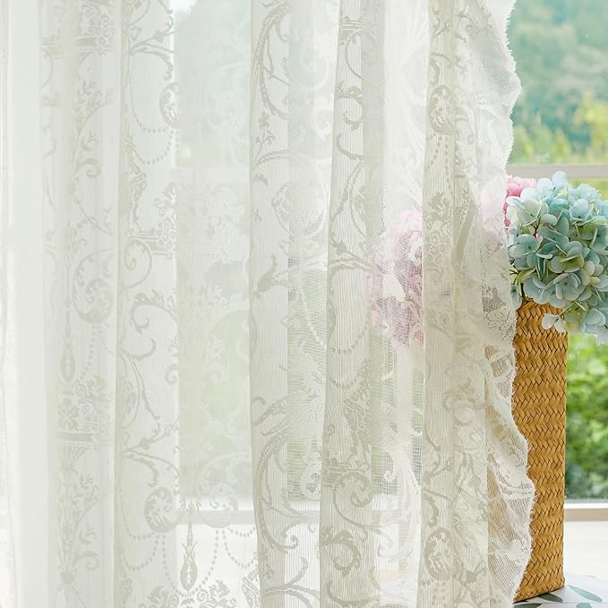 TUDECO Ivory Lace Curtains 108 Inch Long - Vintage Country Floral Embroidered Sheer Curtains Ruffle Edges, Rod Pocket Privacy Farmhouse Decor for Living Room Patio Garden, 59 x108 Inch, Ivory