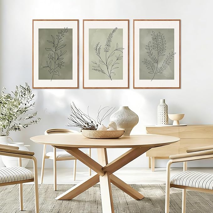 CHDITB Sage Green Botanical Framed Canvas Wall Art Set, Nature Line Art Wall Decor, Neutral Minimalist Floral Artwork, Boho Greenery Plant Flower Art Prints for Living Room, Bedroom, Office 24"x36"x3