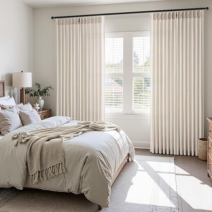 Topfinel 105 Inch Curtains 2 Panels Set,Two Packs Pinch Pleat Back Tab Linen Window Semi Sheer Privacy Thick Decorative Curtain Drapes for Living Room Bedroom,40x105 in Long,Ivory Beige