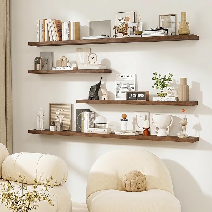 Dreamland Walnut Floating Shelves, Wall Mounted Shelves for Storage and Home Decor, Rustic Wood Shelves for Bathroom, Living Room, Bedroom and Kitchen, 16" x 6.7" Set of 2