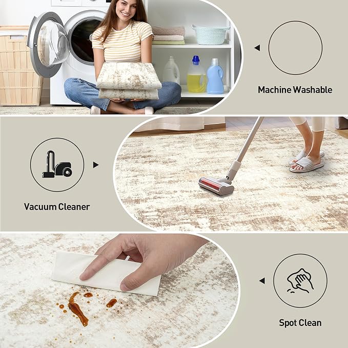 8x10 Area Rugs Washable Rug: Modern Abstract Living Room Rug Soft Anti-Skid Thin Carpet Indoor Floor Non-Shedding Carpets for Bedroom Dining Room Farmhouse Nursery Home Office Beige Grey