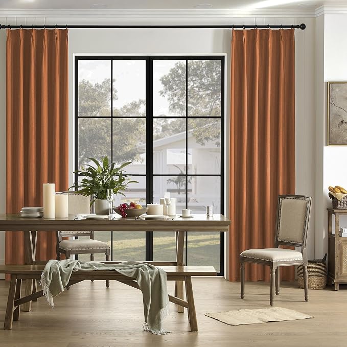 DUALIFE Pinch Pleatd Blackout Curtains 92 Inches Long, Boho Linen Rustic Copper Color Retro Room Darkening Privacy Curtains Drapes with Hooks for Living Room Bedroom 2 Panels Terra Cotta Rust 50x92