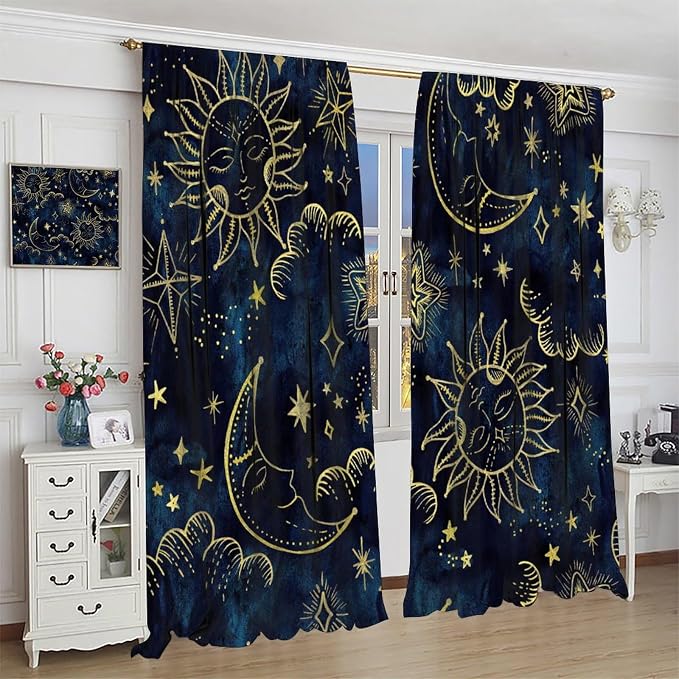 Boho Sun Moon Blackout Window Curtains, Bohemia Theme Sun Moon Stars Print Pattern Rod Pocket Window Drapes, for Living Room Bedroom 63x63in 2 Panels