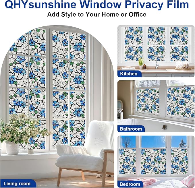 QHY Sunshine Privacy Window Film with Installation Tool Decorative Stained Glass Window Stickers Reusable Window Film (Indigo Waviness, 23.6 x 78.7)