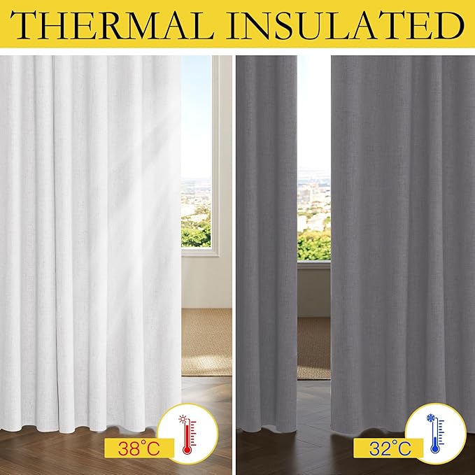 NICETOWN 100% Blackout Linen Curtains for Bedroom, Thick Insulated Rod Pocket & Back Tab Full Light Blocking Draperies with Gray Liner for Night Shift Workers (Set of 2, 52 by 78-inch, Greyish White)