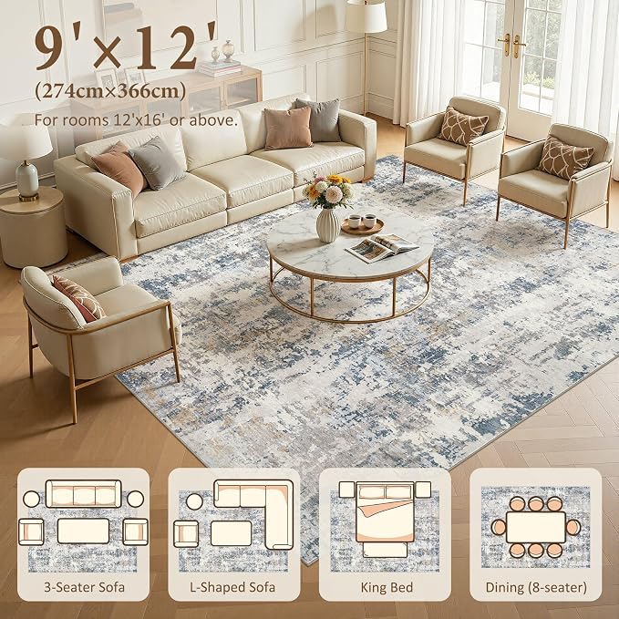 9x12 Area Rug Living Room Rugs: Washable Large Soft Abstract Modern Neutral Rug Stain Resistant & Non-Slip Low-Pile Carpet for Bedroom Dining Nursery Home Office Room Decor - Grey Blue
