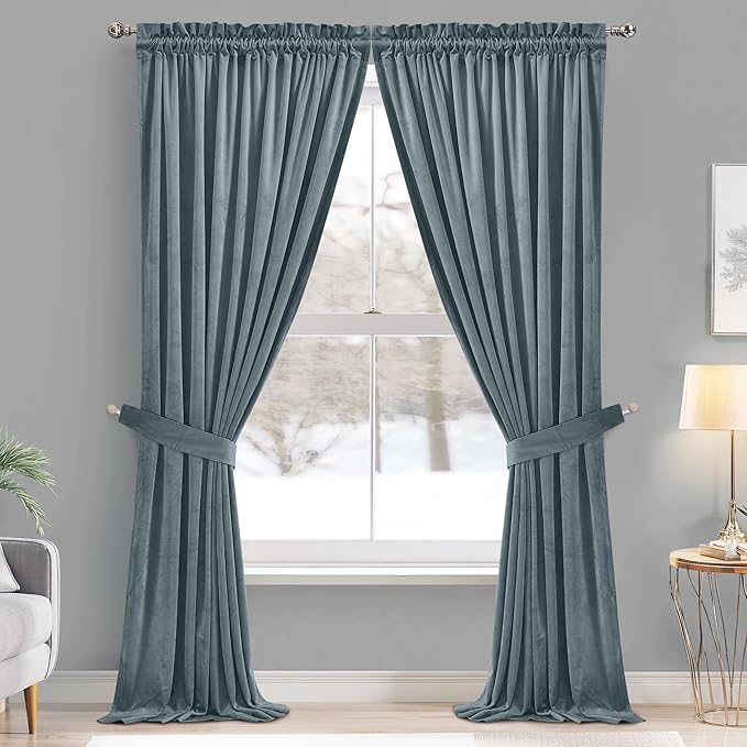 StangH Nursery Kids Stone Blue Privacy Curtains for Bedroom, 2 Panels | Room Darkening Privacy Protect Drapes for Sliding Door, 300GSM Soft Velvet, Thermal Insulated, Living Room, Dining Room