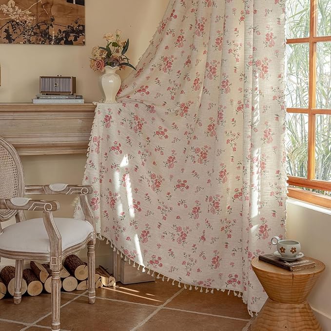 OYX Pink Boho Floral Curtains 84 Inch Long 2 panels, French Vintage Farmhouse Patterned Decor Window Drapes With Tassels, Girls Semi-Sheer Light Filtering For Bedroom Living Room (Rod Pocket, 52Wx84L)