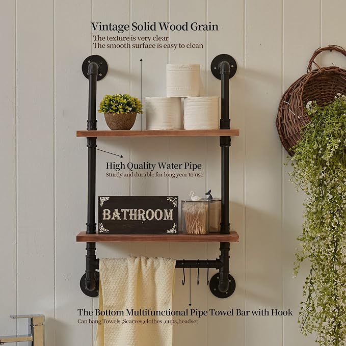 ROGMARS Industrial Pipe Shelf Floating Shelves Bathroom Pipe Shelving | Farmhouse Bathroom Shelves With Towel Bar Towel Rack over Toilet Industrial Shelf Rustic Wall Wood Shelves 19.7 Inch
